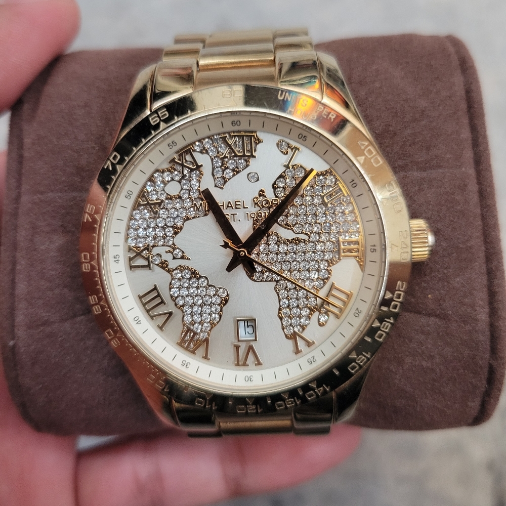 Michael kors world map watch gold tone